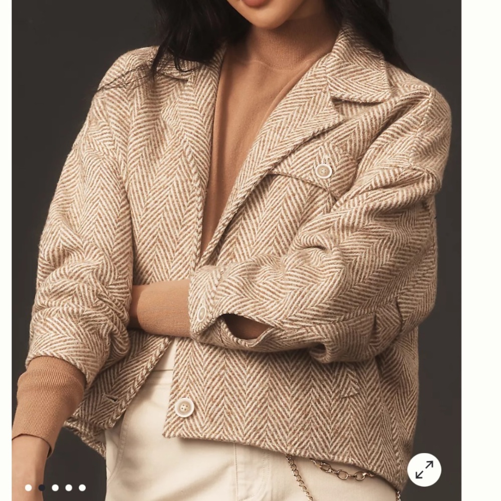Anthropologie Beige Herringbone Wool-Blend Cropped Jacket